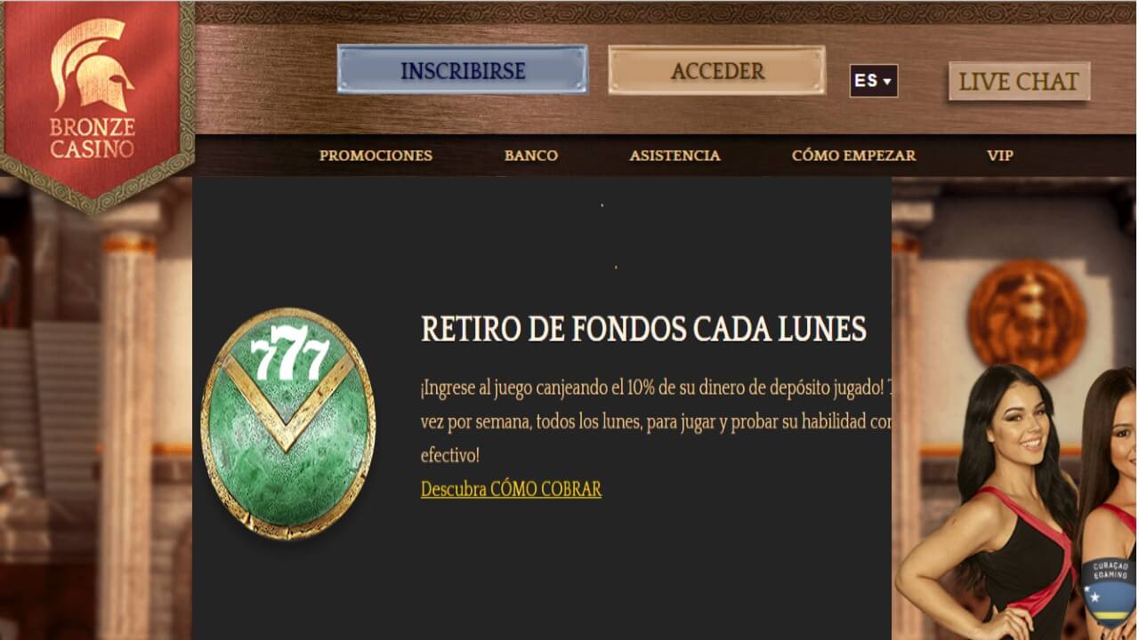 Promoción Bronze Casino por retiros 10% de reembolso de los lunes